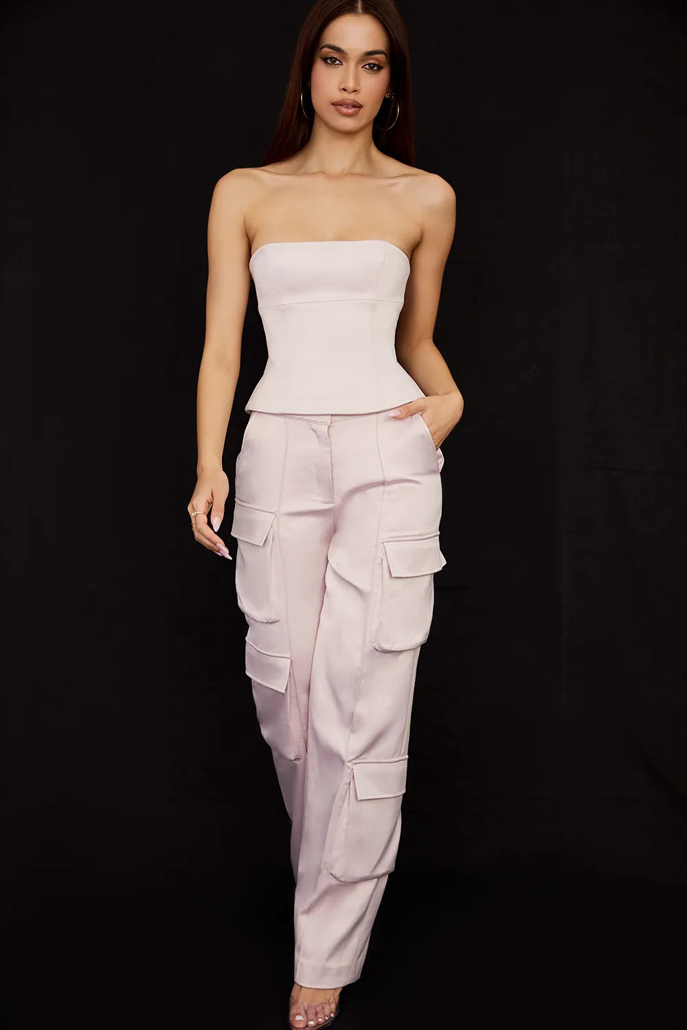 Daria Crystal Satin Straight Leg Cargo Trousers