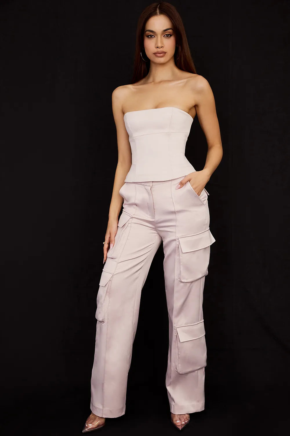 Daria Crystal Satin Straight Leg Cargo Trousers