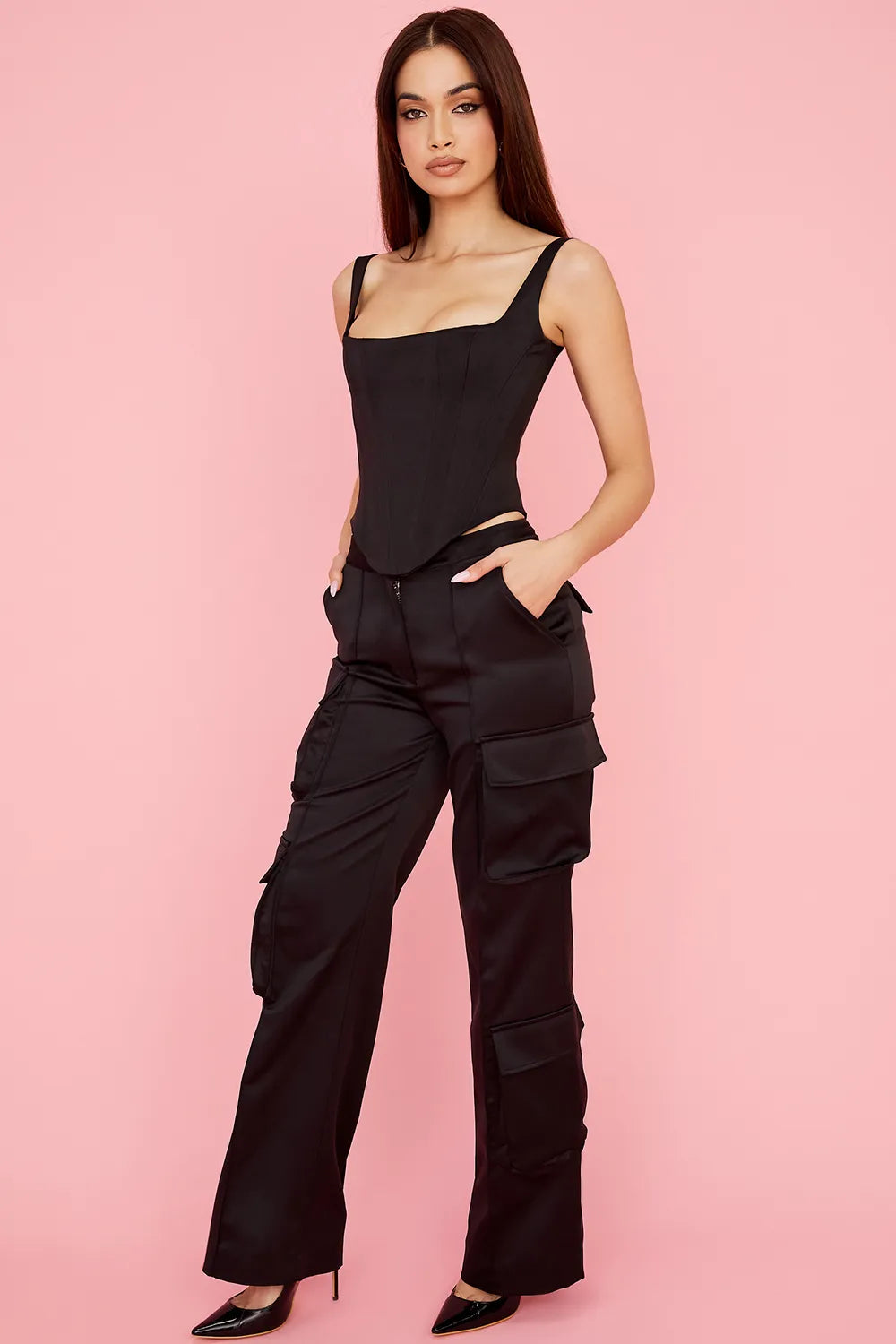 Daria Black Satin Straight Leg Cargo Trousers