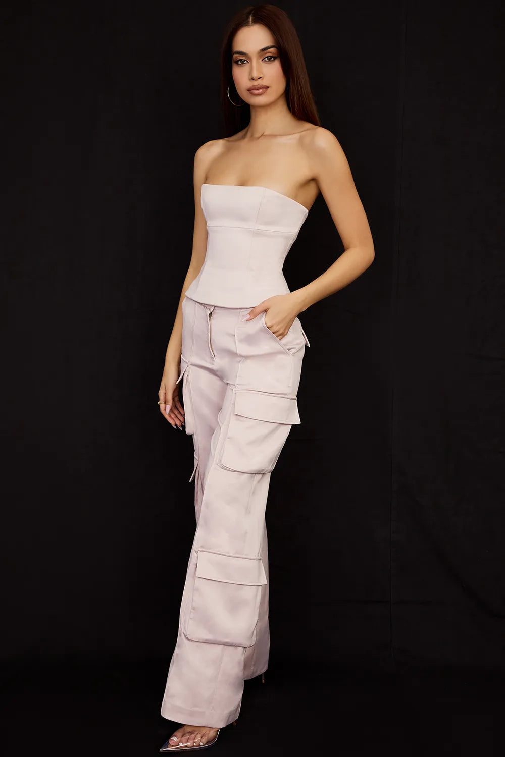 Daria Crystal Satin Straight Leg Cargo Trousers