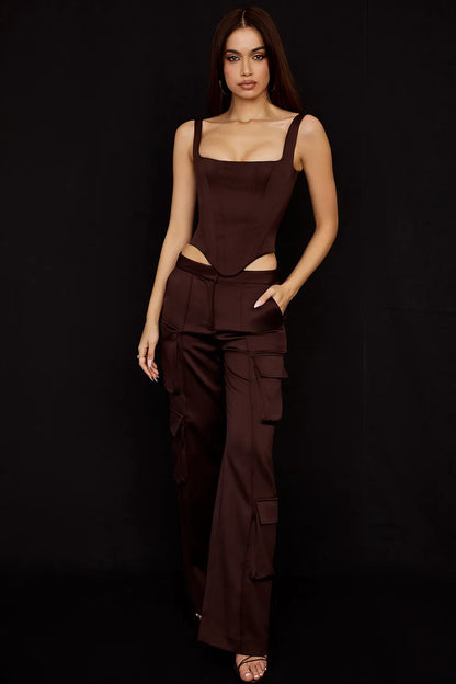 Daria Chocolate Satin Cargo Trousers
