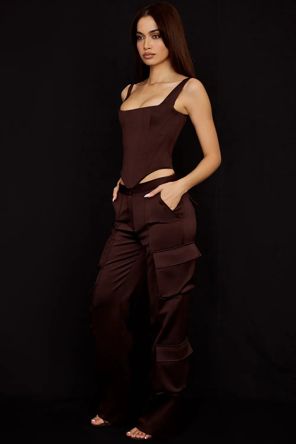 Daria Chocolate Satin Cargo Trousers