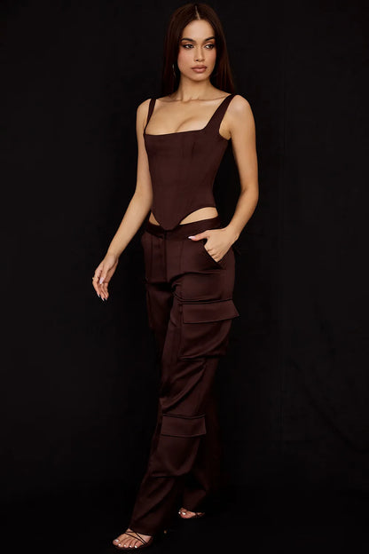 Daria Chocolate Satin Cargo Trousers