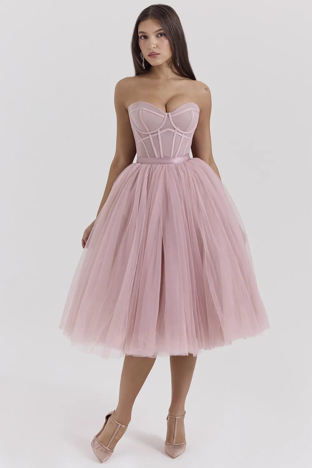 Darling French Rose Tulle Midi Dress