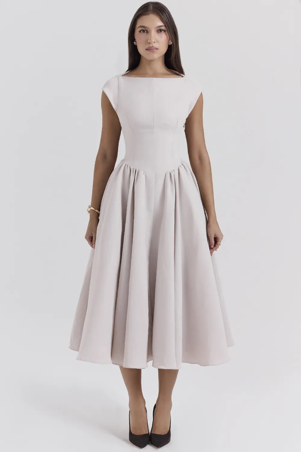 Debutante French Dove Moire Satin Backless Midi Dress