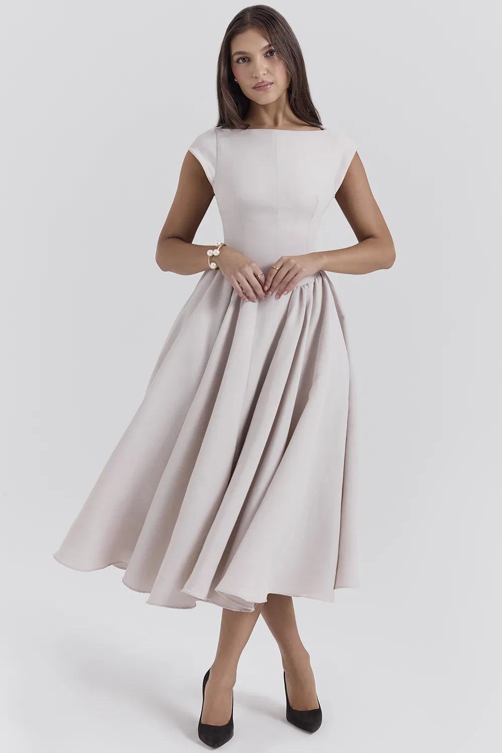 Debutante French Dove Moire Satin Backless Midi Dress