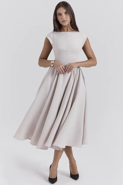 Debutante French Dove Moire Satin Backless Midi Dress