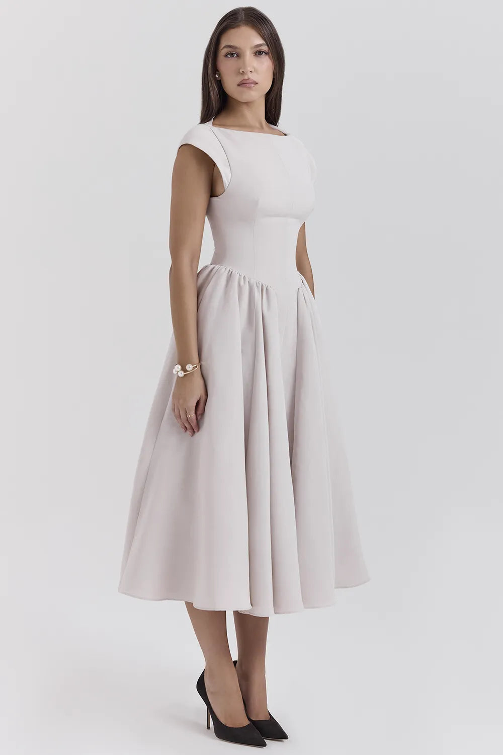 Debutante French Dove Moire Satin Backless Midi Dress