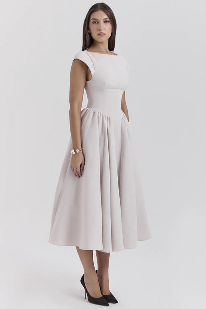 Debutante French Dove Moire Satin Backless Midi Dress
