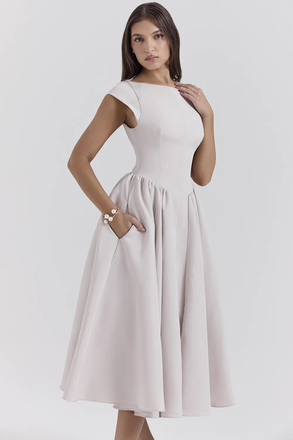 Debutante French Dove Moire Satin Backless Midi Dress