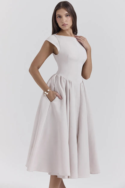 Debutante French Dove Moire Satin Backless Midi Dress