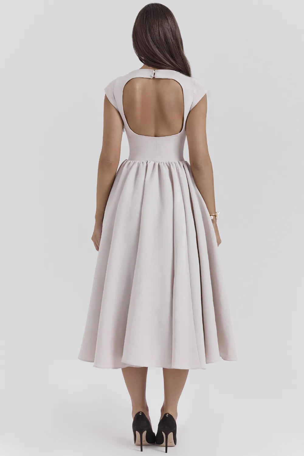 Debutante French Dove Moire Satin Backless Midi Dress