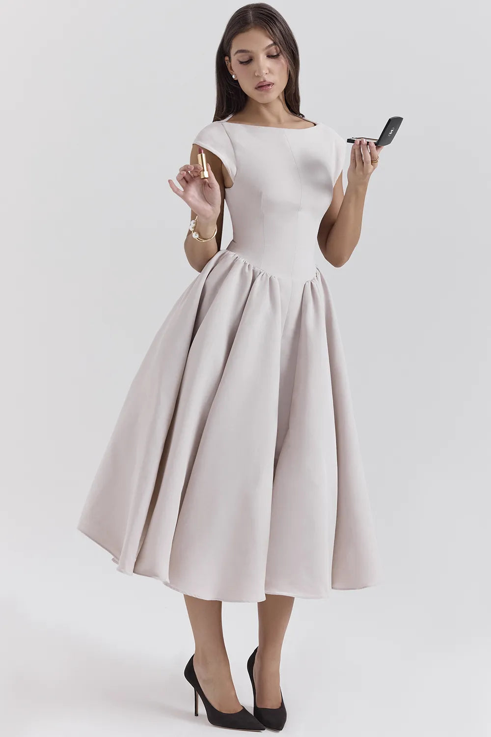 Debutante French Dove Moire Satin Backless Midi Dress