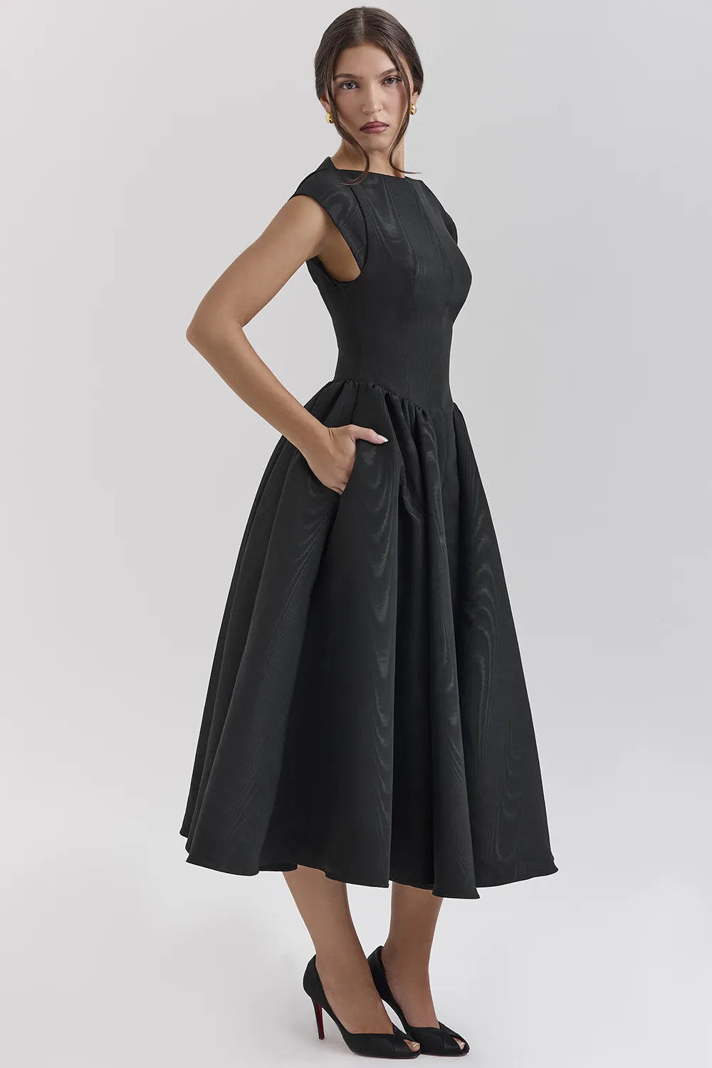 Debutante Black Moire Satin Backless Midi Dress