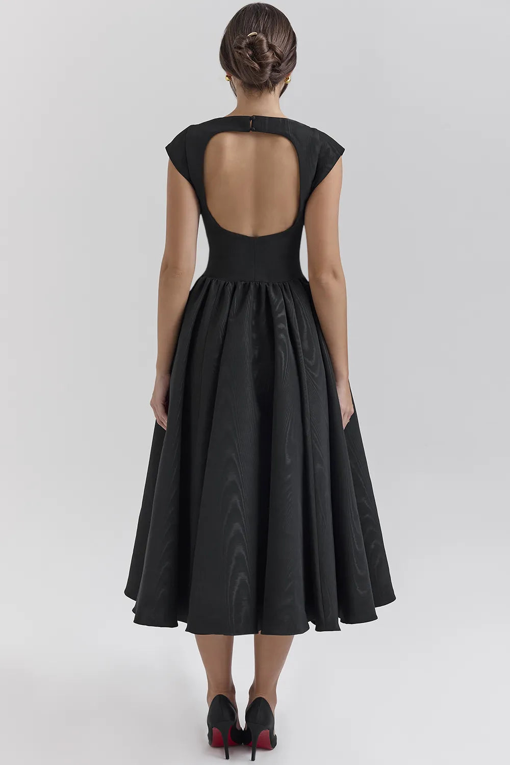 Debutante Black Moire Satin Backless Midi Dress