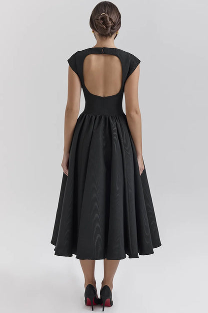 Debutante Black Moire Satin Backless Midi Dress