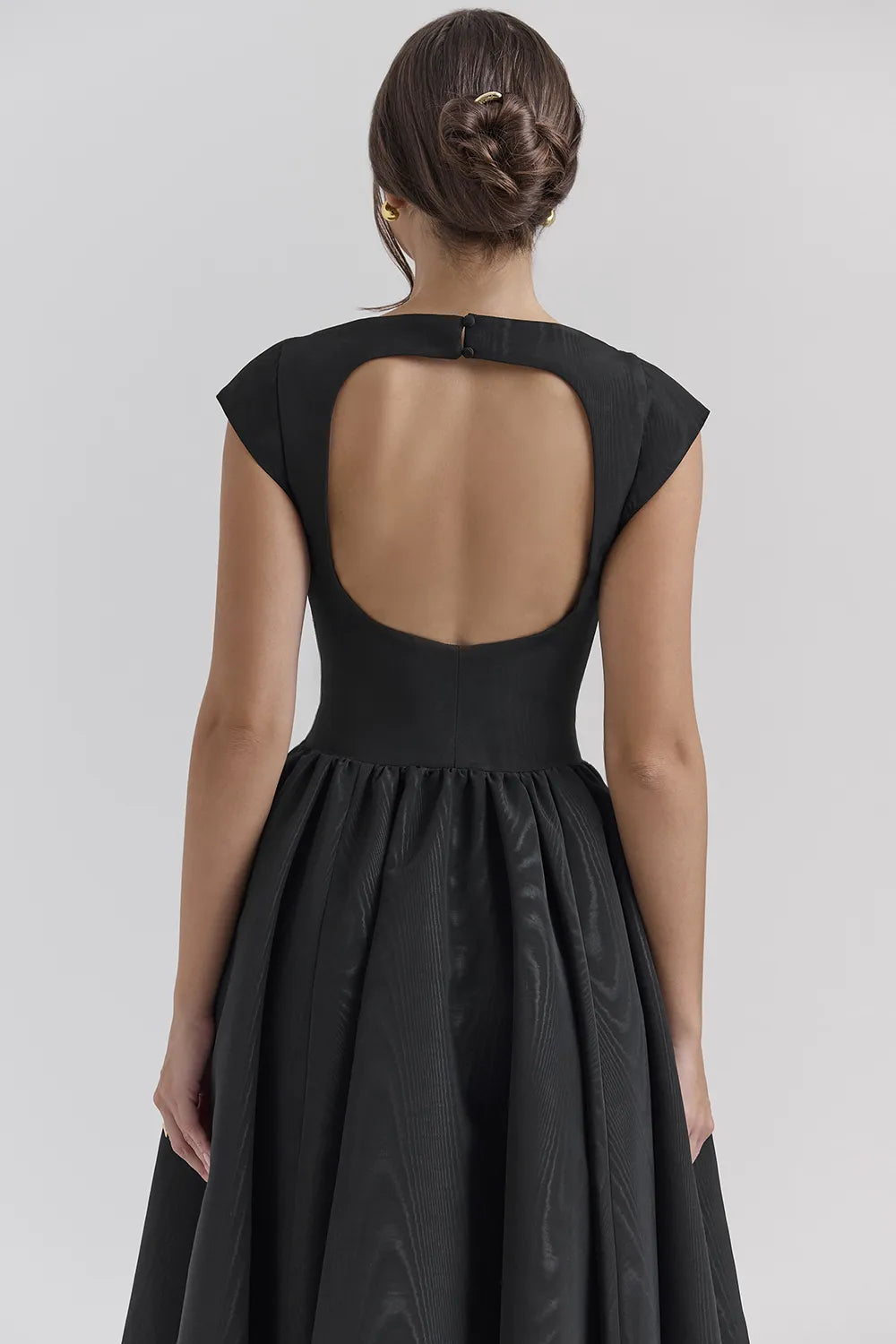 Debutante Black Moire Satin Backless Midi Dress