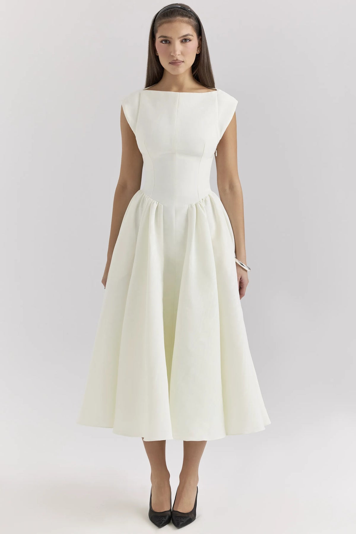 Debutante Ivory Moire Satin Midi Dress