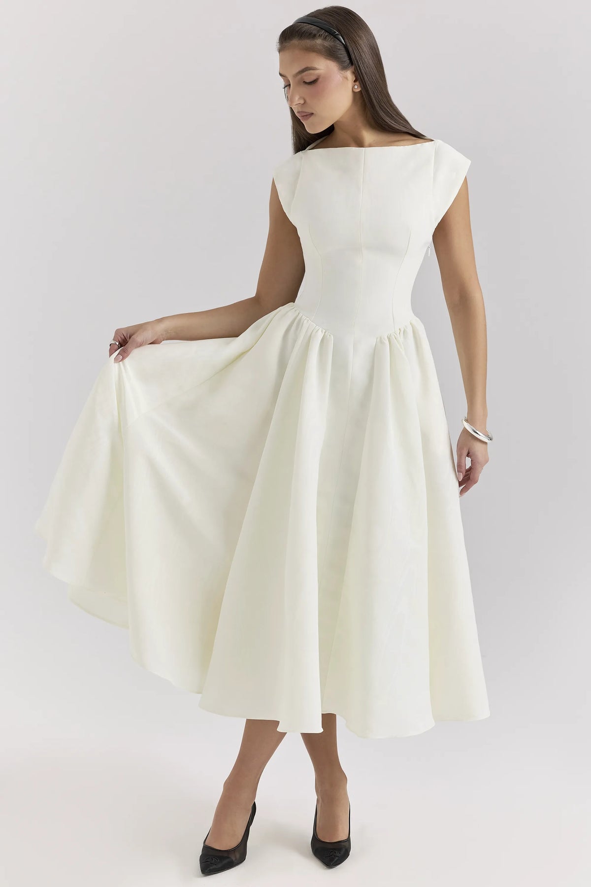 Debutante Ivory Moire Satin Midi Dress