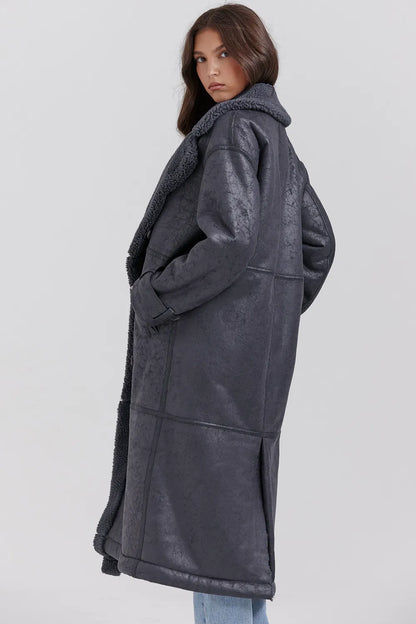 Deiji Grey Vegan Shearling Coat
