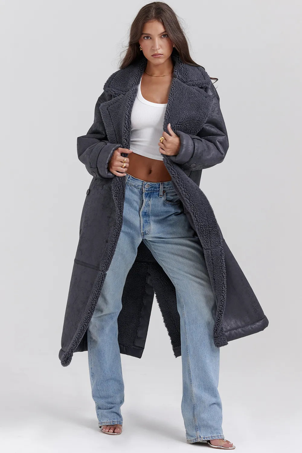 Deiji Grey Vegan Shearling Coat