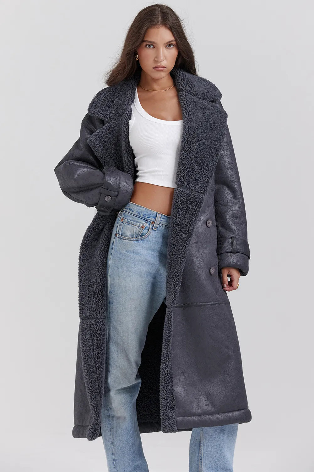 Deiji Grey Vegan Shearling Coat