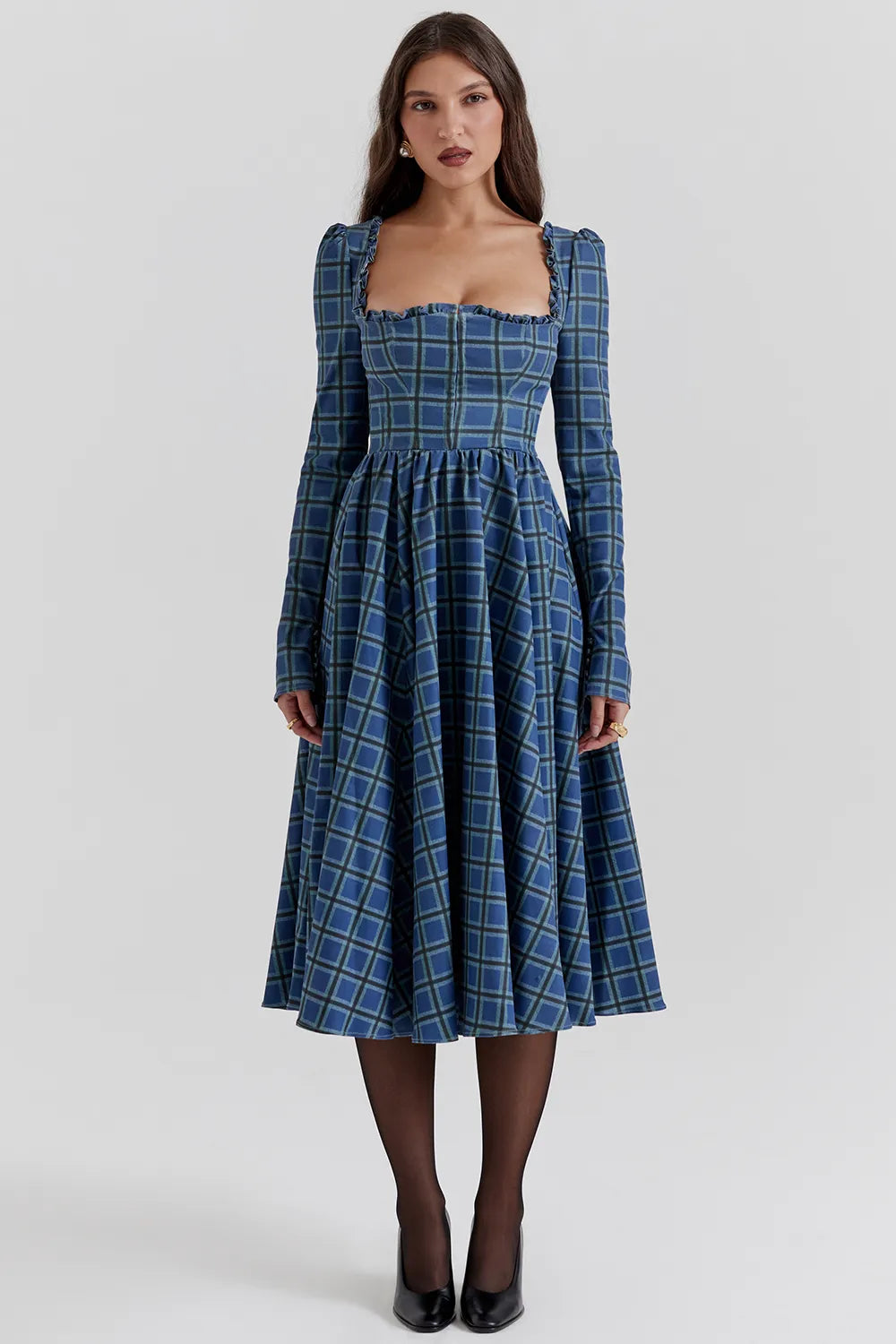 Delia Blue Tartan Midi Dress