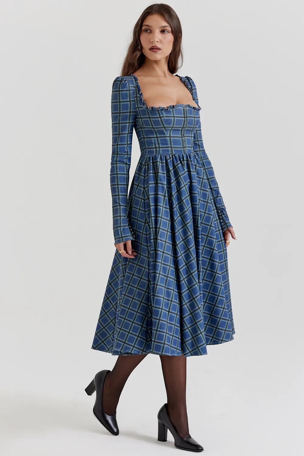 Delia Blue Tartan Midi Dress
