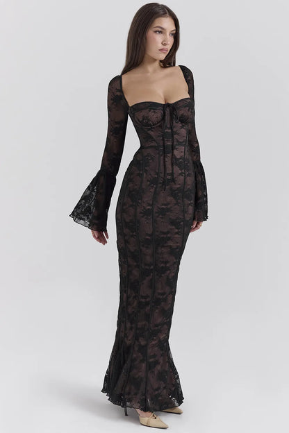Delilah Black Long Sleeve Lace Maxi Dress