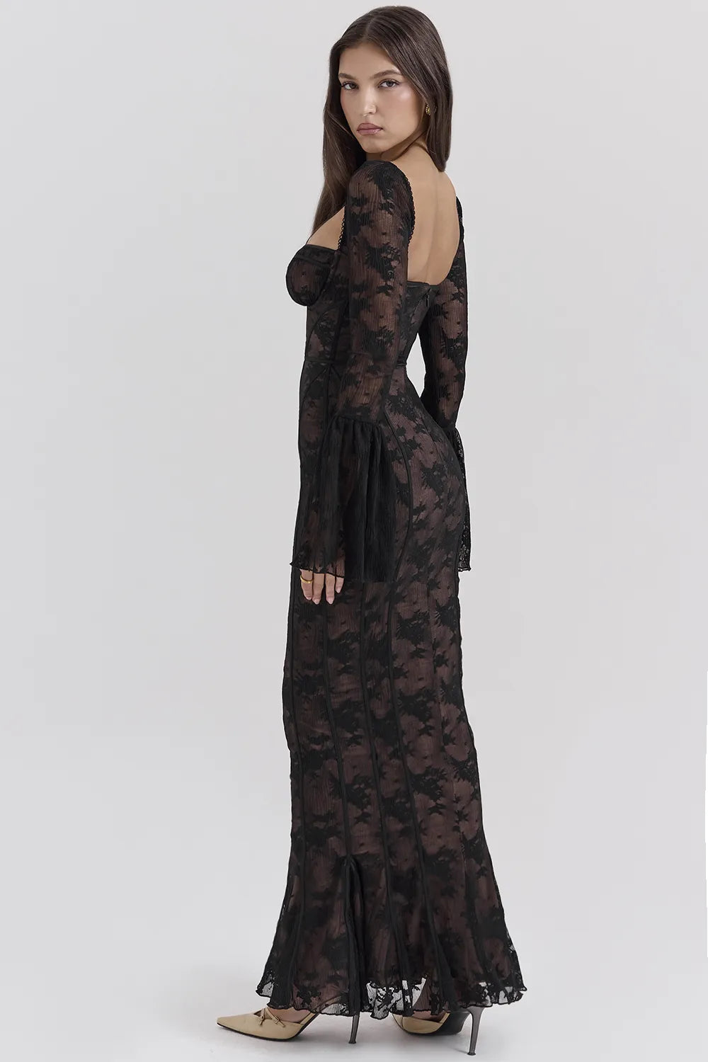 Delilah Black Long Sleeve Lace Maxi Dress
