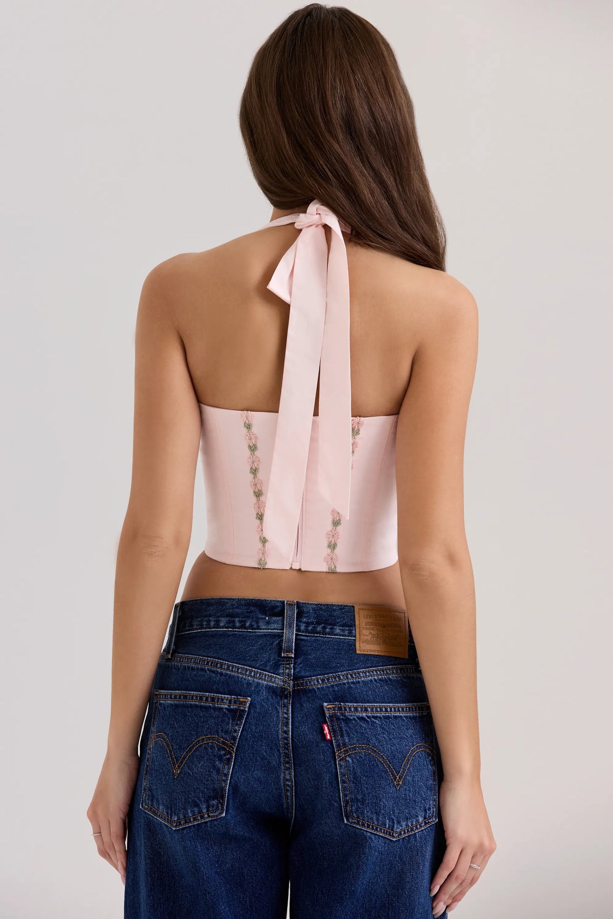 Demi Pink Floral Embroidered Stretch Cotton Corset Top
