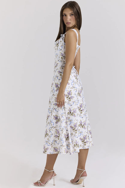 Dionne Off White Floral Print Cotton Midi Dress