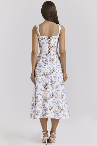 Dionne Off White Floral Print Cotton Midi Dress