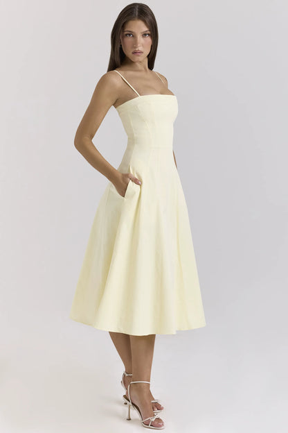 Dolly Lemon Stretch Cotton A-Line Midi Sundress