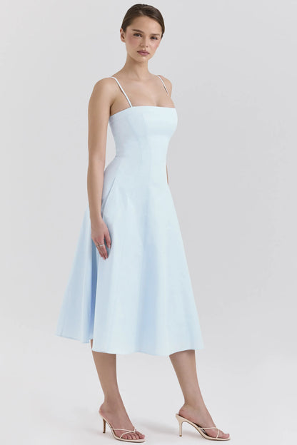 Dolly Soft Blue Stretch Cotton A-Line Midi Sundress