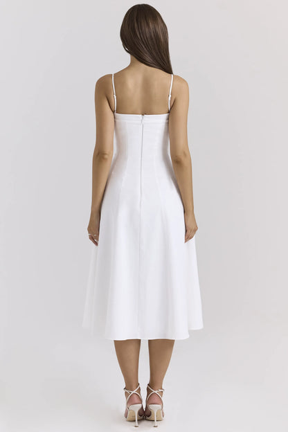 Dolly White Stretch Cotton A-Line Midi Sundress