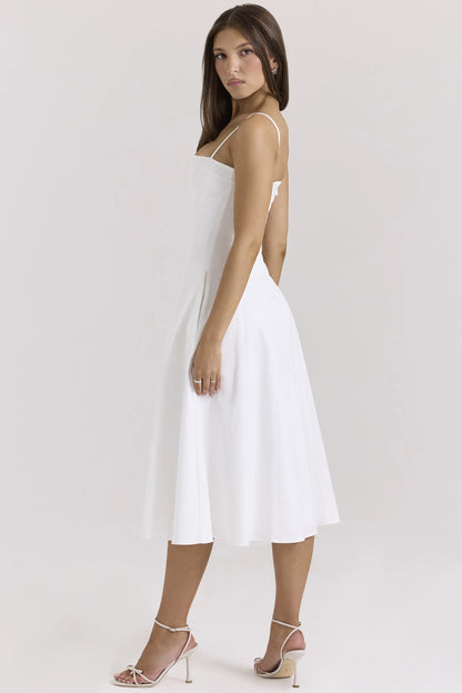 Dolly White Stretch Cotton A-Line Midi Sundress