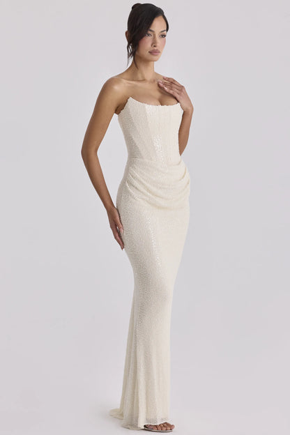 Dove Ivory Beaded Embellished Strapless Bridal Gown