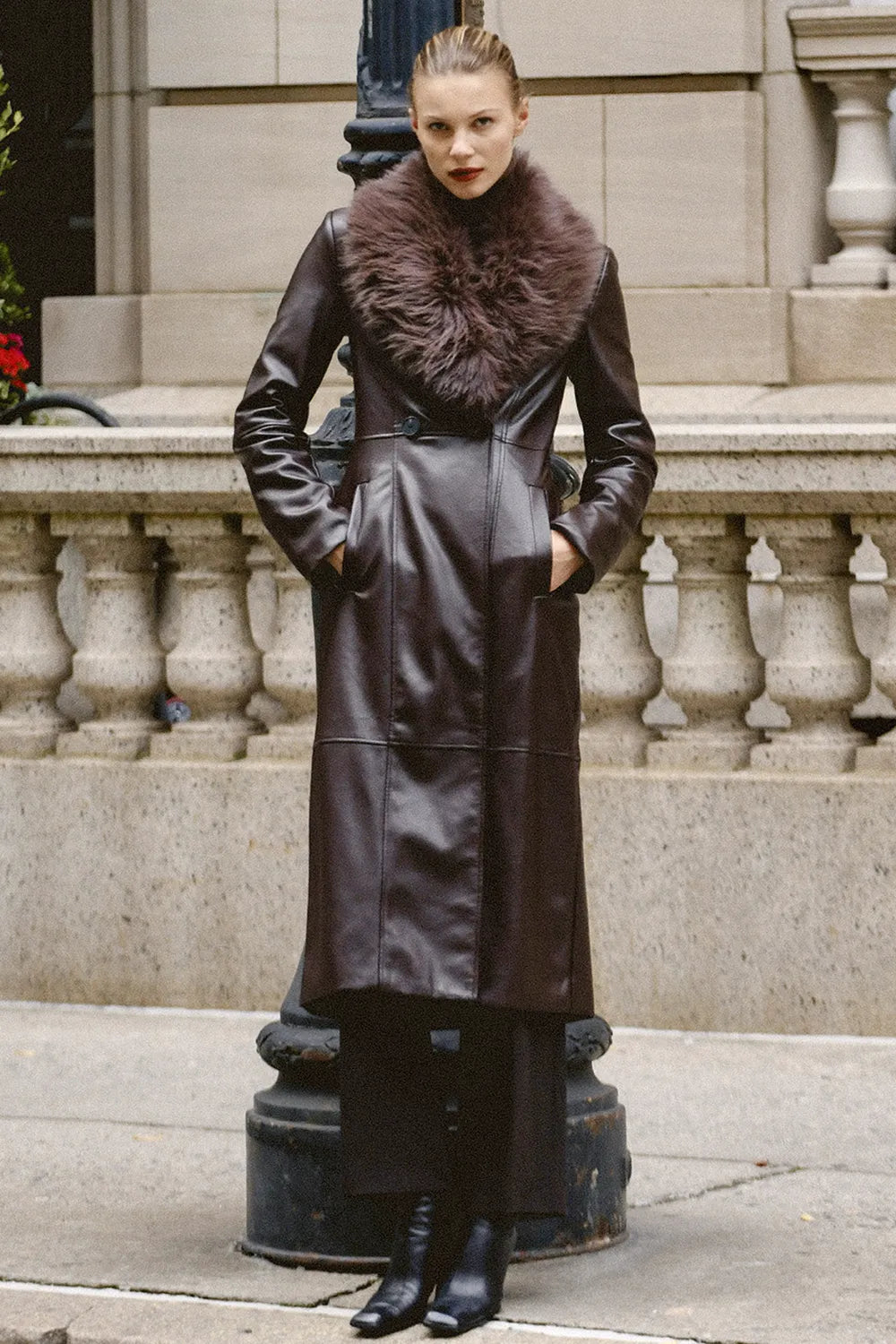 Marcel Brown Faux Fur Trimmed Vegan Leather Coat