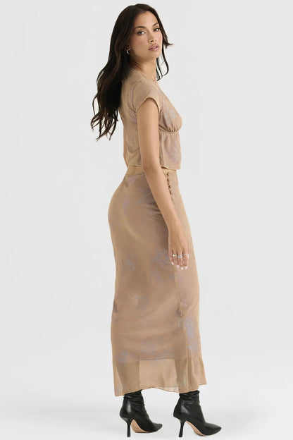 Dyana Shimmer Cafe Au Lait Bias Cut Maxi Skirt