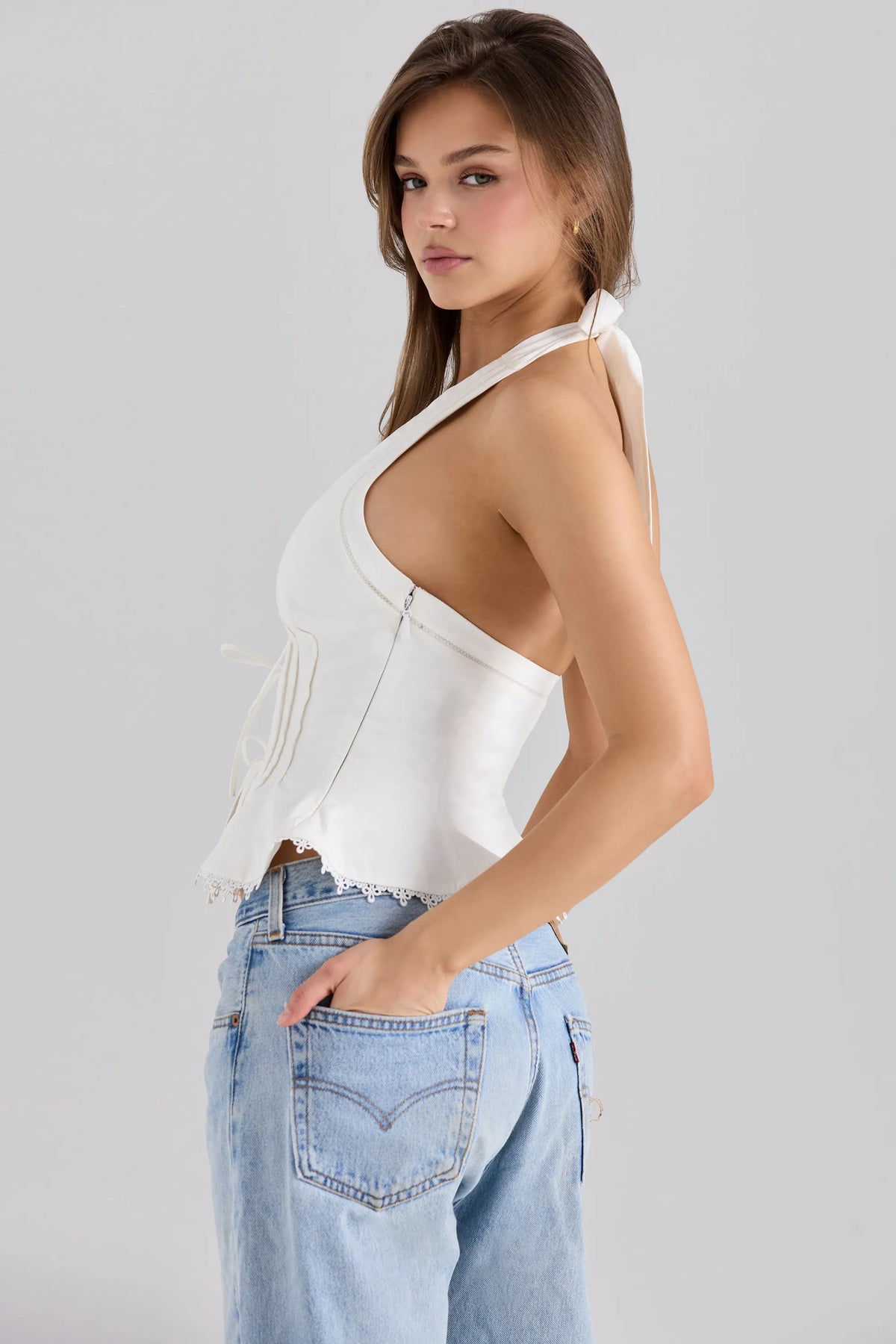 Elana White Stretch Cotton Halter Neck Corset Top