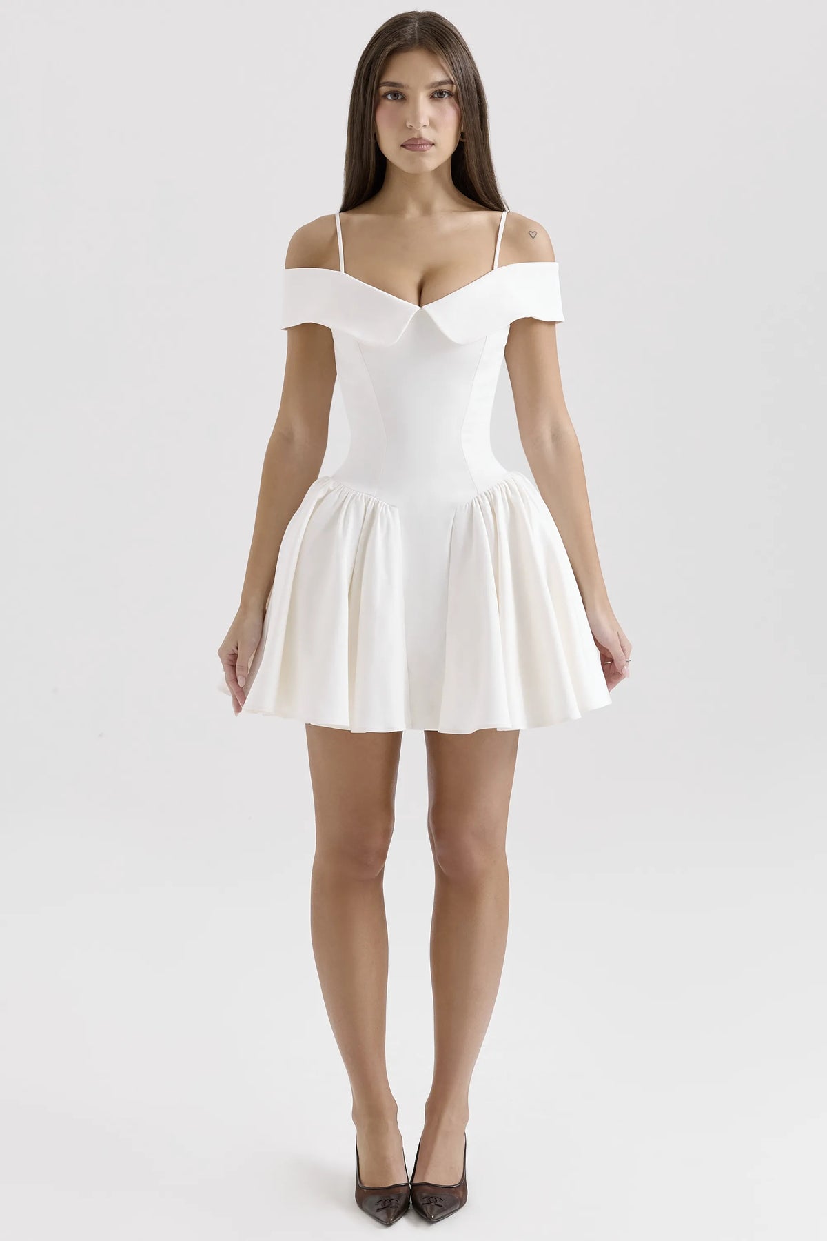 Elida White Twill Off Shoulder Mini Dress