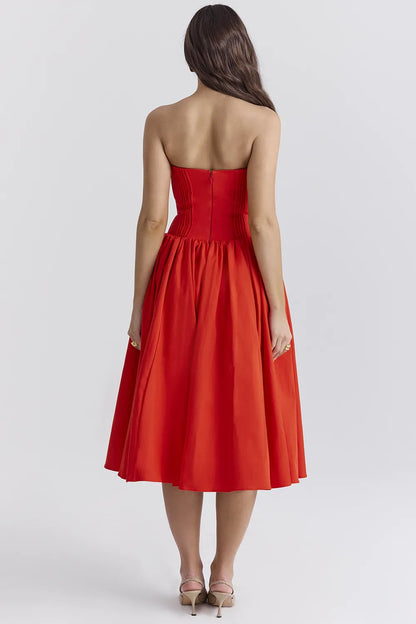 Elizabeth Italian Tomato Strapless Midi Sundress