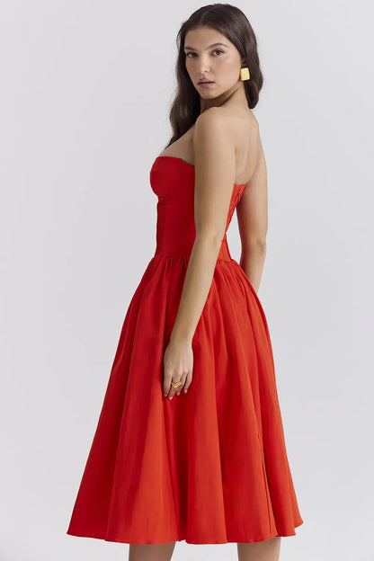 Elizabeth Italian Tomato Strapless Midi Sundress