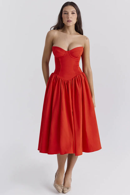 Elizabeth Italian Tomato Strapless Midi Sundress