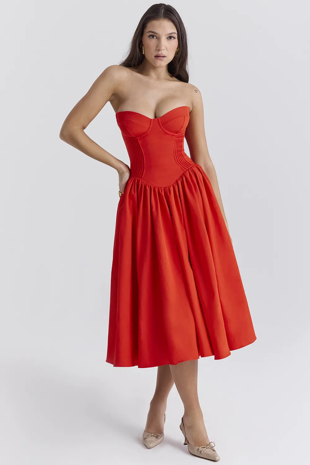 Elizabeth Italian Tomato Strapless Midi Sundress