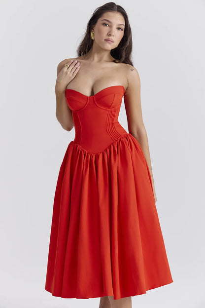 Elizabeth Italian Tomato Strapless Midi Sundress