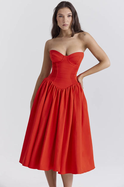 Elizabeth Italian Tomato Strapless Midi Sundress