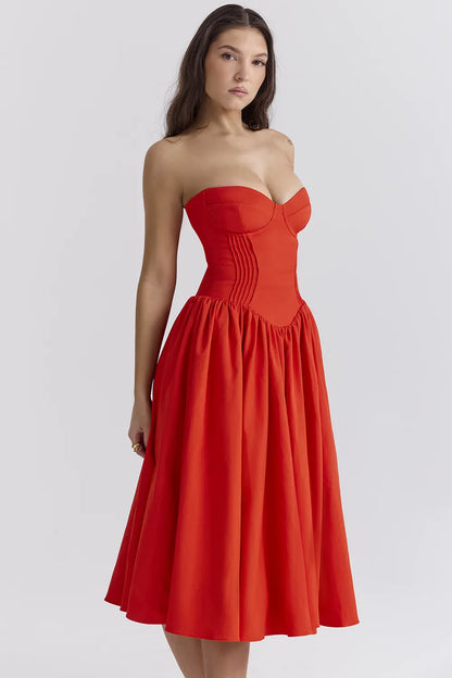 Elizabeth Italian Tomato Strapless Midi Sundress