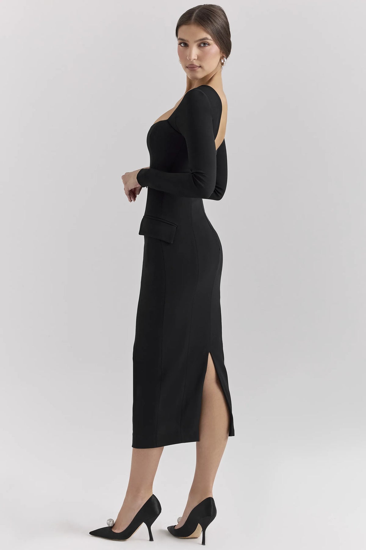 Ella Black Stretch Crepe Long Sleeve Midi Dress